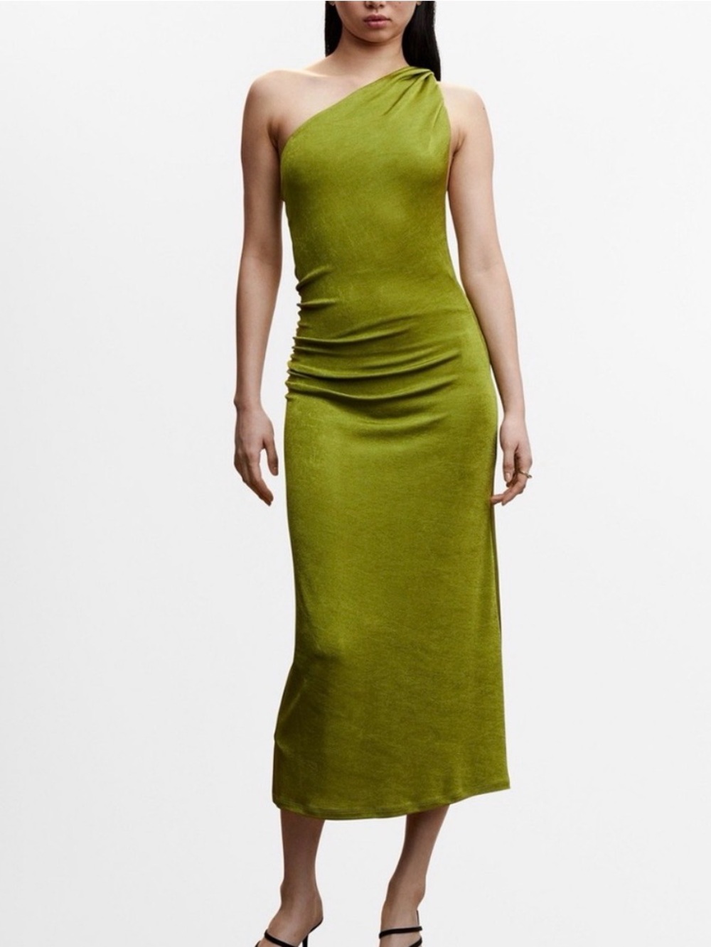 Mango Asymmetrical One Shoulder Draped Dress Gown Midi Size Small 4 Green
